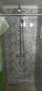a shower with a glass door in a bathroom at Apartman Vrbas in Jajce