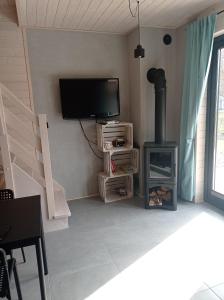 ein Wohnzimmer mit einem TV und einem Holzofen in der Unterkunft Zakątek na Ptasiej in Sasino