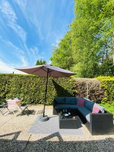 a patio with a blue couch and an umbrella at Woodz Aan de bosrand in Anloo