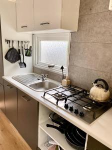 a kitchen with a sink and a stove top oven at Woodz Aan de bosrand in Anloo