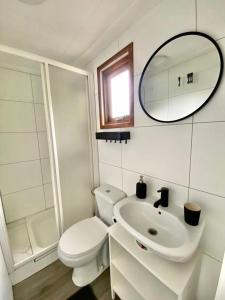 een badkamer met een toilet, een wastafel en een spiegel bij Woodz Aan de bosrand in Anloo