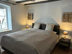 Un dormitorio con una cama grande con dos lámparas. en Residenz Moselliebe, en Traben-Trarbach