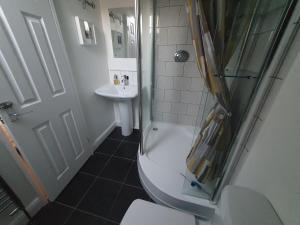 y baño con ducha, aseo y lavamanos. en 1 Bedroom Annexe Bagthorpe Brook Nottinghamshire, en Nottingham