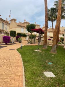 un parc avec des palmiers et un trottoir en briques dans l'établissement Holiday Home Amari - Residencia Albatros, à Los Alcázares
