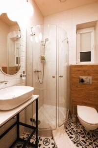 a bathroom with a shower and a sink and a toilet at Wawel Corner Apartment in Kraków