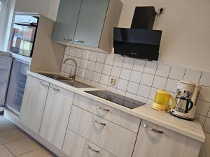 a kitchen with white cabinets and a counter top at Käthe-Kollwitz-Straße 54, F2 in Altenburg