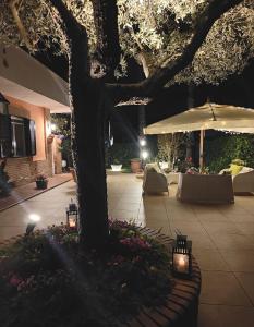 een patio met een boom en een parasol bij Una fuga inaspettata in Castellabate