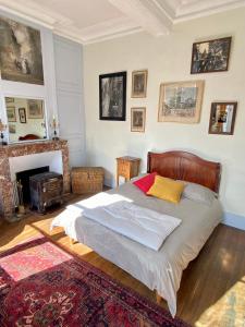 ein Schlafzimmer mit einem Bett und einem Kamin in der Unterkunft Château de Bouillancourt en Sery in Bouillancourt-en-Séry