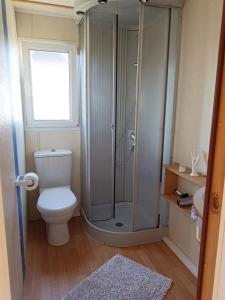 a bathroom with a toilet and a glass shower at Két Kerék Vendégház in Patvarc