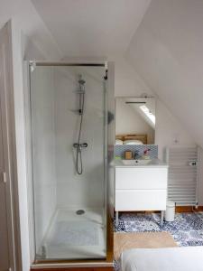 Habitación con baño con ducha y lavabo. en Traditional house in the heart of La Roche-Bernard, en La Roche-Bernard