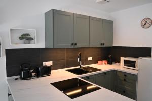 cocina con armarios grises y nevera blanca en Rest apartment Cerknica, en Cerknica