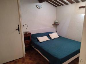 - une chambre avec un lit bleu et 2 oreillers blancs dans l'établissement Gîtes dans les alpilles, à Mouriès