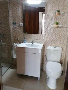 een badkamer met een toilet, een wastafel en een douche bij Barrinha_Village in Praia de Mira