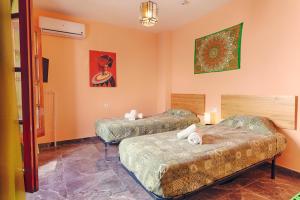 2 Betten in einem Zimmer mit orangefarbenen Wänden in der Unterkunft Charming Nerja Hostel in Nerja