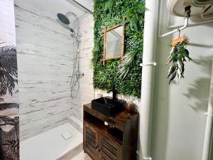 a bathroom with a shower with a plant wall at Nuit dans la jungle - love room in Souppes-sur-Loing +16 photos