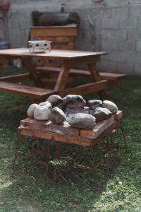 a picnic table with rocks on top of it at Hostel House 64Bigüa in El Calafate
