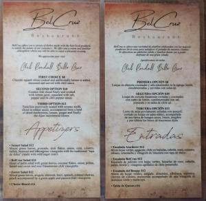 two pages of the menu for the big cafe at Belcruz family lodge in Monteverde Costa Rica