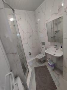 a bathroom with a sink and a toilet and a shower at Квартира ЖК Милениум парк in Promyshlennyy