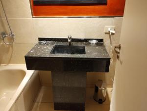 a bathroom with a black sink and a bath tub at Humboldt 2 in Buenos Aires