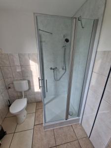 a shower stall in a bathroom with a toilet at Ferienhaus Jena - Teamwork Holiday House 