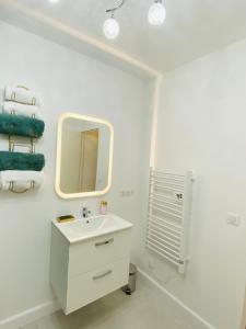 een witte badkamer met een wastafel en een spiegel bij Lisandrina in Ajaccio