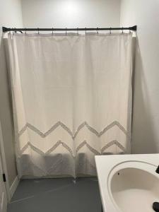 a bathroom with a shower curtain and a sink at Desert Ranch Home 3 Bedroom + Equine Facility in Vail +26 photos