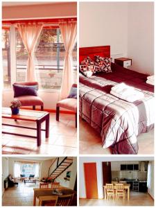 3 fotos de un dormitorio con cama y ventana en Duplex Esquel en Esquel