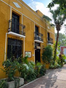 a yellow building with a palm tree in front of it at Hostel Candelaria in Valladolid