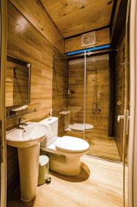 ein Bad mit einem WC, einem Waschbecken und einer Dusche in der Unterkunft Dragon Dalat Villa in Da Lat