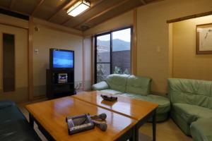 日光鬼怒川日光酒店(Hotel Sunshine Kinugawa)的客厅配有咖啡桌和电视