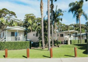 a row of houses with palm trees and grass at Jervis Bay Holiday Park in Huskisson