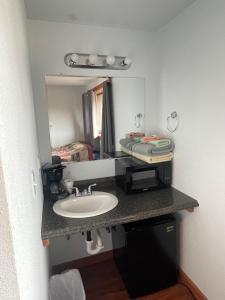 a bathroom with a sink and a mirror at Brown Bear Saloon & Motel in Bird Creek