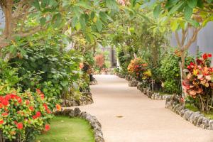 a walkway through a garden with flowers and trees at Shanban Bay Homestay in Xiaoliuqiu