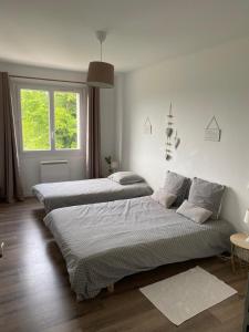 two beds in a white room with a window at Logement à Brive proche centre-ville et campagne - climatisation, Wifi, coin exterieur et parking privés in Brive-la-Gaillarde