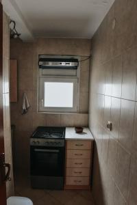 Il comprend une petite cuisine avec une cuisinière et une fenêtre. dans l'établissement Naša kuca, à Nikšić