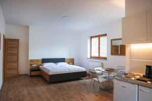 a bedroom with a bed and a table and a kitchen at Apartments Katrca Bežigrad in Ljubljana