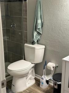 a bathroom with a white toilet and a shower at Walk to the Cowboys Game! Luxury Apt sleeps 4! in Arlington