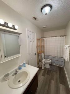 a bathroom with a sink and a toilet at NEW King Beds, 86 inch RokuTV, and Massage at the Comfort Haven in Commerce