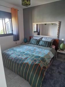 a bedroom with a large bed and a mirror at LA CAZAKANEL in Petite Île