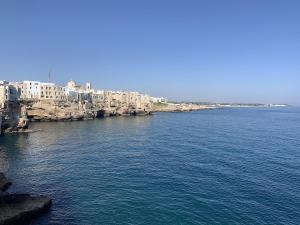 uma vista para uma grande massa de água com edifícios em Chiarina rooms em Polignano a Mare