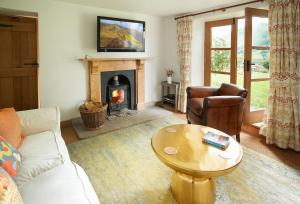 a living room with a couch and a fireplace at Fron Cottage in Llangynog