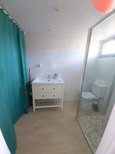 a bathroom with a sink and a shower with a mirror at Bongraine Océan in La Rochelle