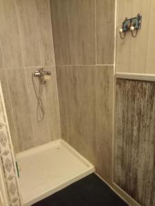 La salle de bains est pourvue d'une douche avec un pommeau de douche. dans l'établissement Maison de village 100m2, à Bédoin