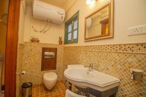 ein Badezimmer mit einem Waschbecken, einem WC und einem Spiegel in der Unterkunft Amritara 5 BHK Luxury Villa, Gangtok in Gangtok