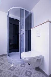 a bathroom with a toilet and a glass shower at Koselig studioleilighet i Sandnes sentrum in Sandnes