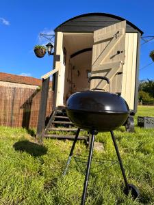 a grill in the grass in front of a shed at The Hideaway in Fakenham