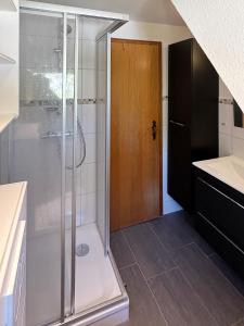 a shower with a glass door in a bathroom at Haus *Üüs Aran* Wohnung Nr. 3 in Nebel +11 photos