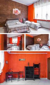 two pictures of a bedroom with orange walls and beds at Casa Metro Lingotto in Turin