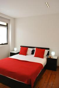 ポルトにあるApartamentos Portodouro - Ribeiraのベッドルーム1室(大型ベッド1台、赤い枕付)