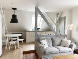 - un salon avec un canapé et une table dans l'établissement Boutique apartments, à Banská Štiavnica